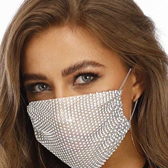 White Rhinestone Mesh Face Mask - Picture 7 of 9
